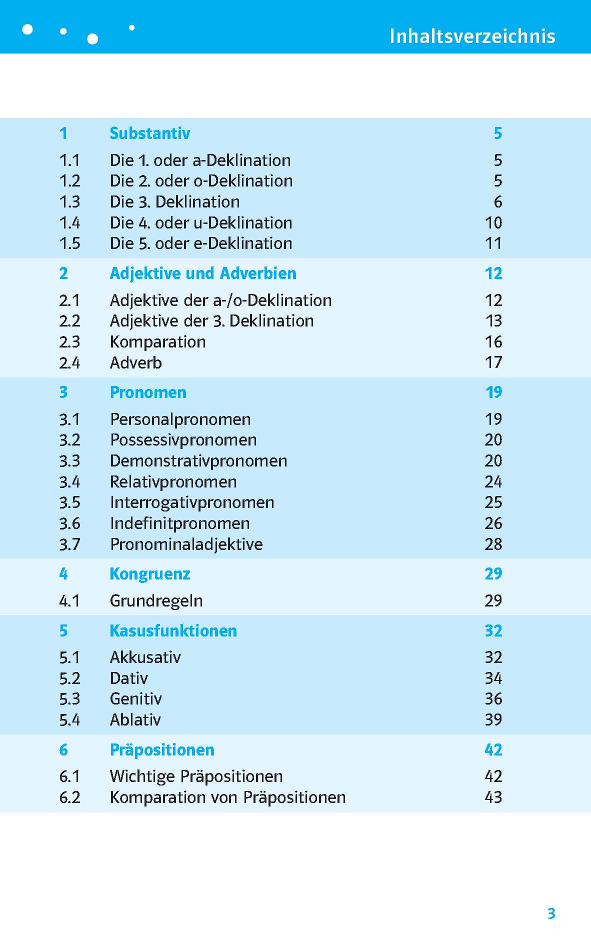 Inhaltsverzeichnis mit einer Auflistung von Grammatikthemen wie Substantive, Adjektive, Adverbien, Pronomen, Vereinbarungen und Kasusstrukturen mit den entsprechenden Abschnitts- und Seitenzahlen.