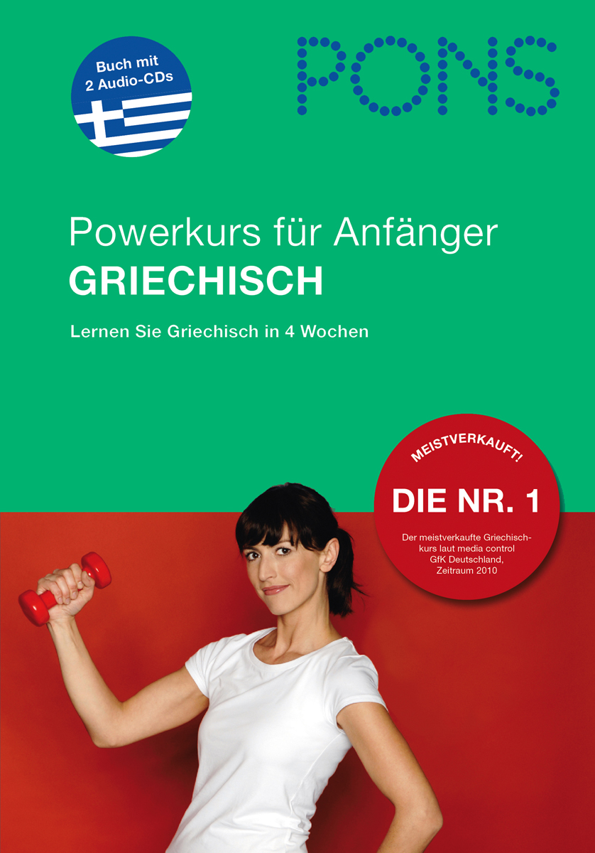 Eine Frau in einem weißen Hemd hebt eine rote Hantel auf dem Cover eines Deutsch-Griechisch-Kursbuchs mit dem Titel Powerkurs für Anfänger Griechisch von PONS.