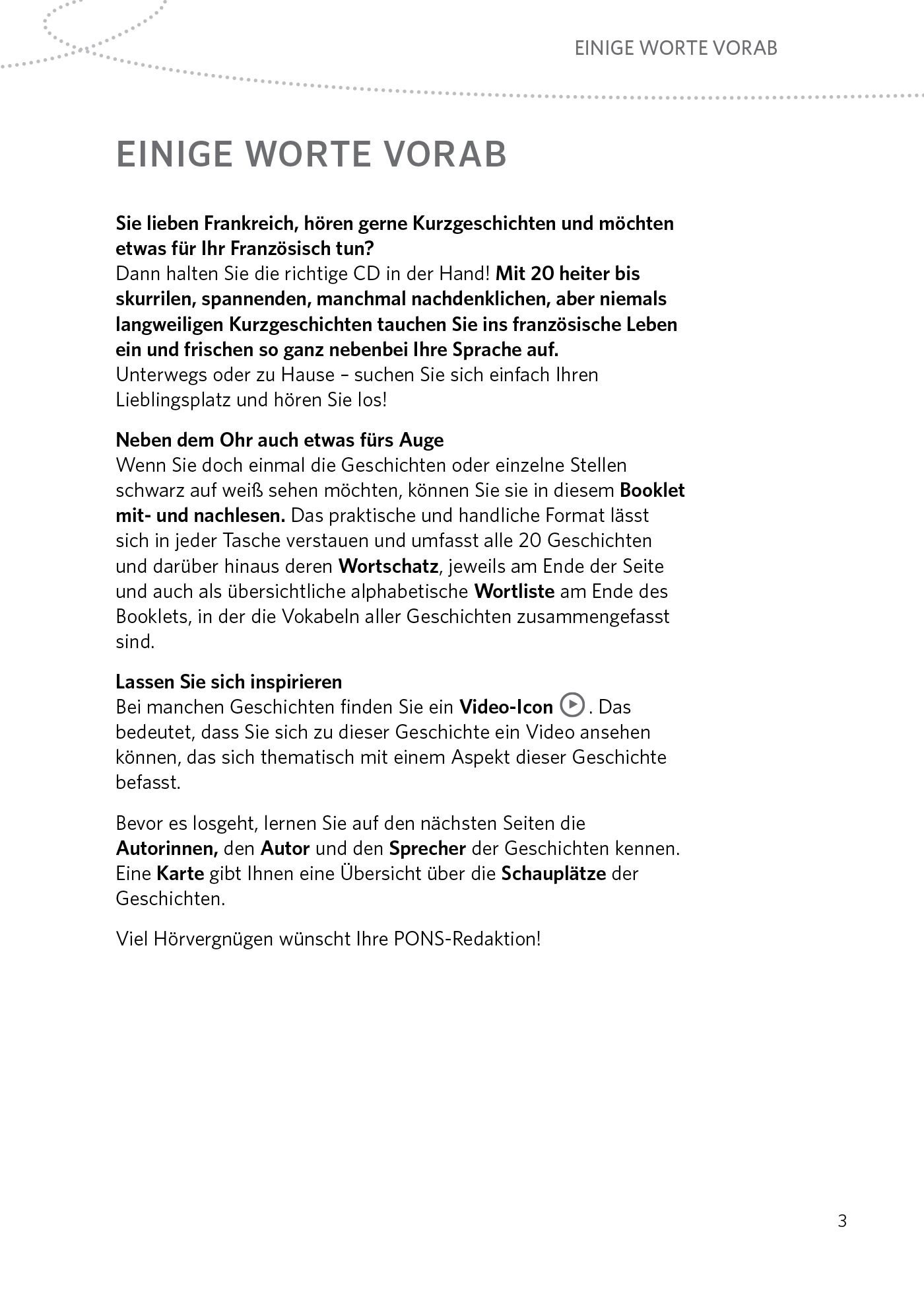 Eine Seite mit deutschem Text mit dem Titel EINIGE WORTE VORAB bietet einführende Informationen zu einem Französischkurs und zur Verwendung der Begleitmaterialien.