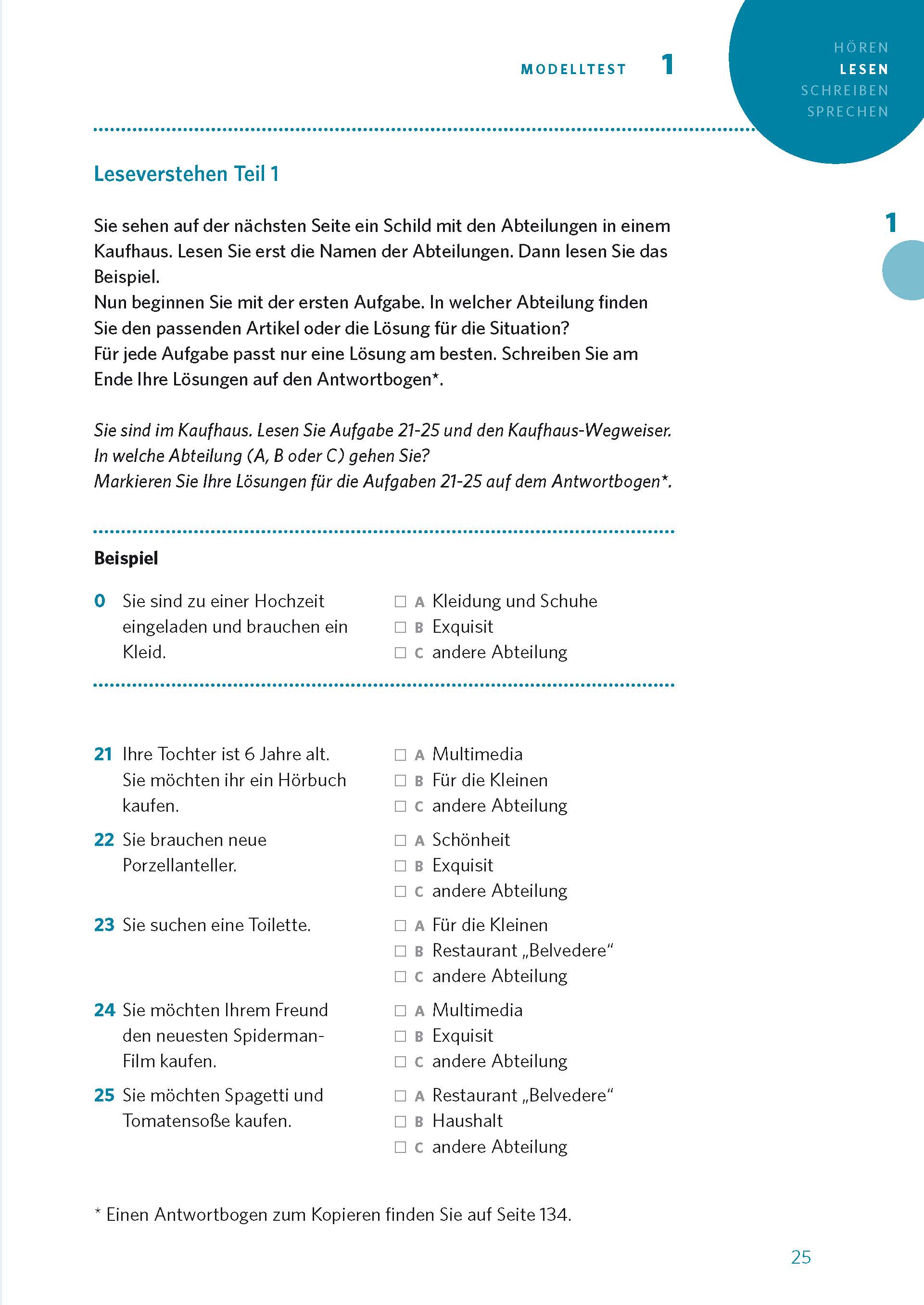 Eine deutsche Übung zum Leseverständnis mit Abteilungszeichen, Anweisungen, Beispielfragen und Antwortfeldern auf einem weiß-blauen Arbeitsblatt.
