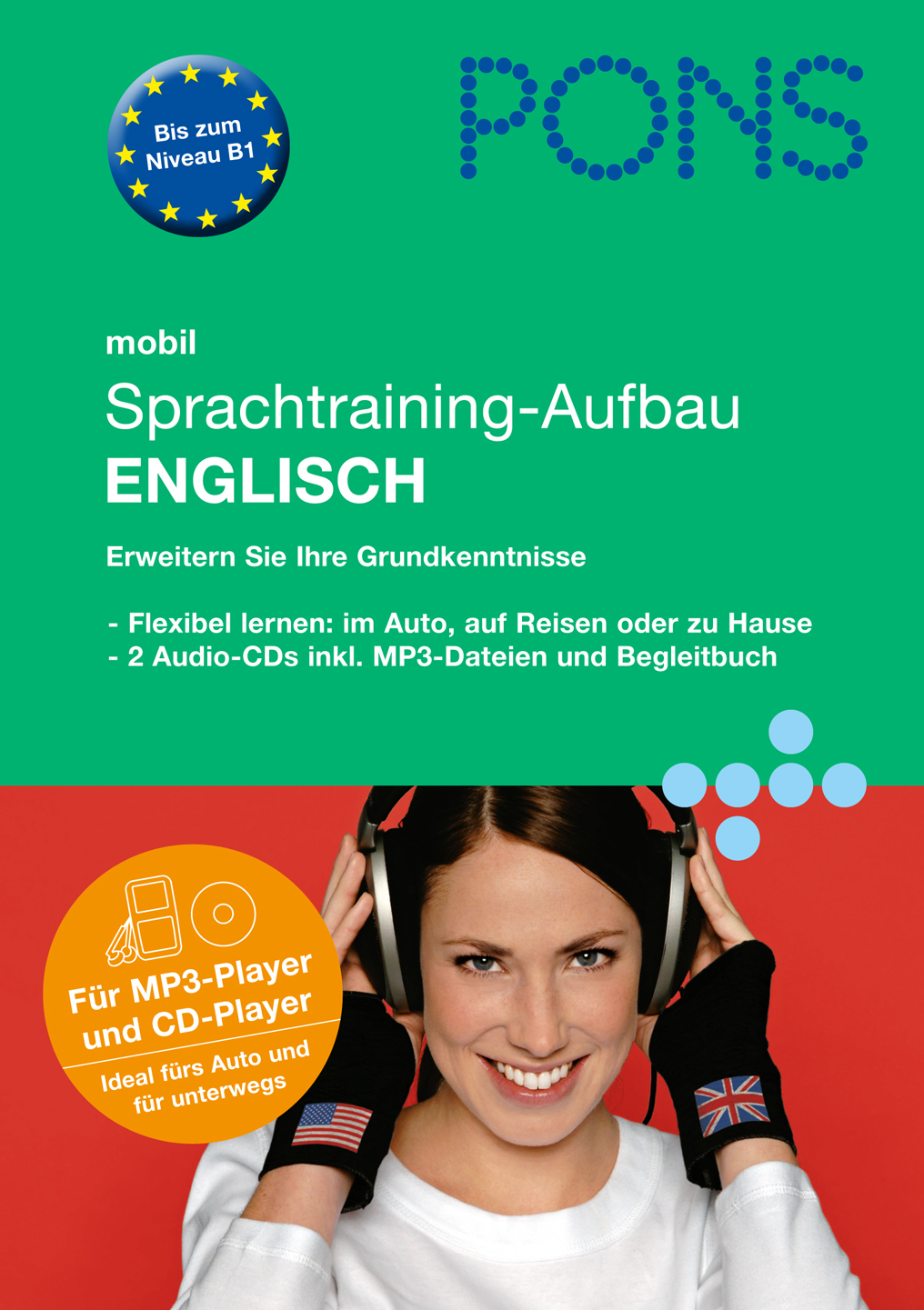 Eine Frau mit Kopfhörern lächelt in die Kamera auf dem Cover eines deutschsprachigen Audio-Kurses zum Erlernen der englischen Sprache, der CDs und ein Booklet enthält.