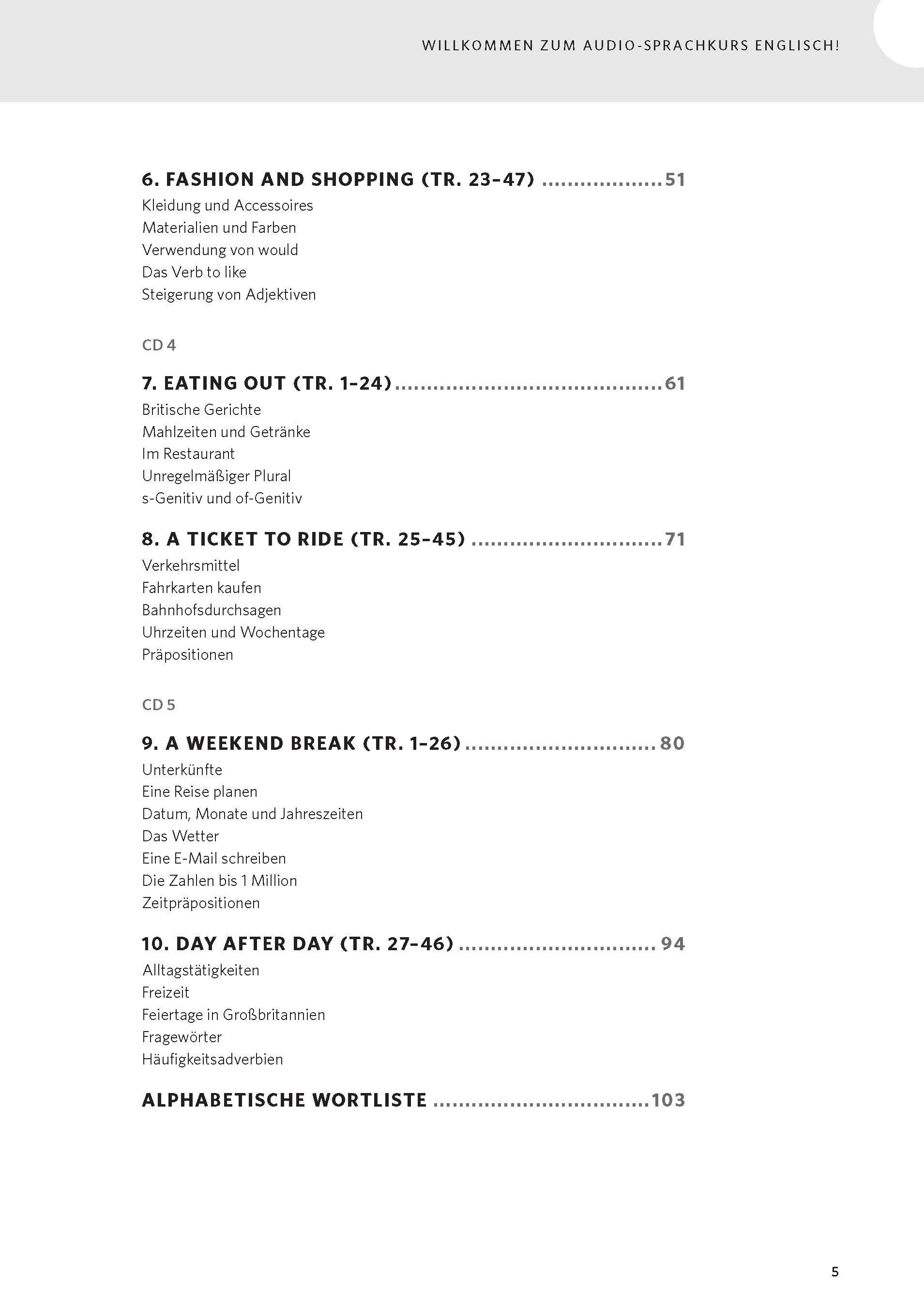 Inhaltsverzeichnis mit Themen und Seitenzahlen zu den Themen Einkaufen, Essen gehen, Bahnfahren, Wochenendplanung und Alltag in einem Deutschlernbuch.